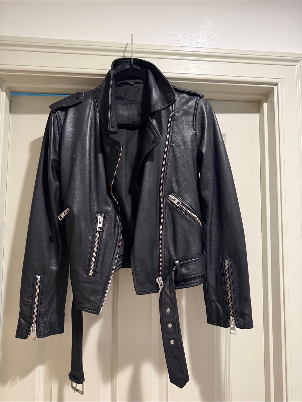 AllSaints Black Leather Moto Jacket with Belt Detail